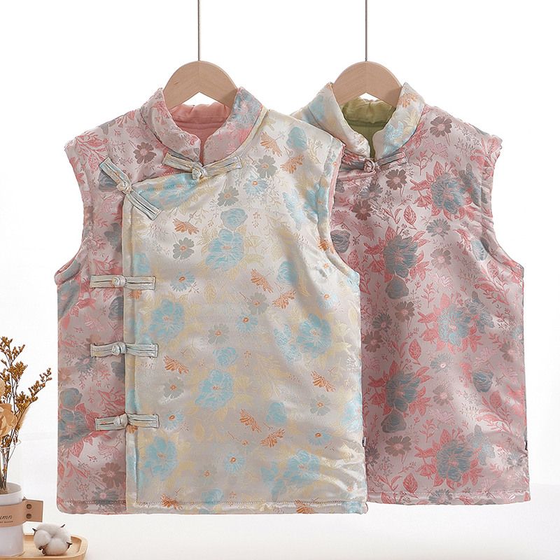 棉花咏斜襟新中式旗袍棉花马甲