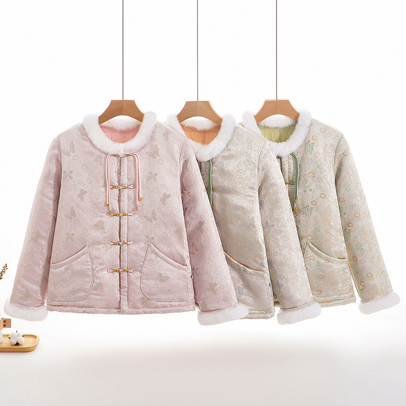 国风女士棉花棉袄毛领加厚外套精致高级感2024年冬季盘扣棉服女