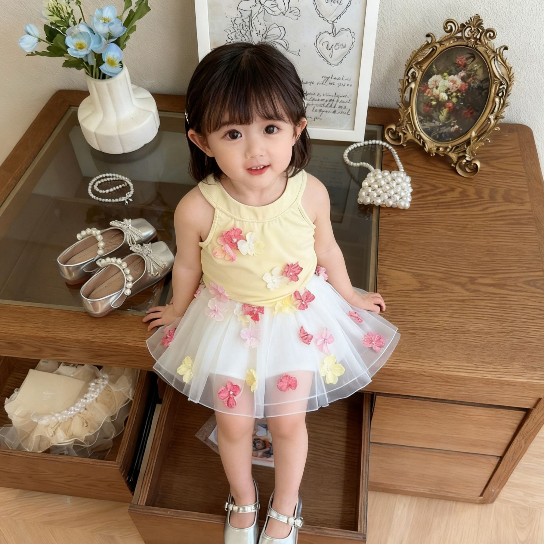 现货女童套装夏季新款女宝宝洋气背心无袖网纱裙子公主半身裙