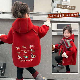 女童加绒外套秋冬款2025新款儿童呢子大衣宝宝冬装中长款加厚上衣