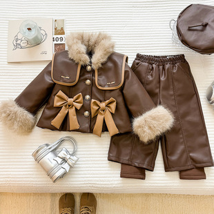 女童毛领PU皮衣外套套装加绒2025冬季新款女宝加厚保暖洋气两件套