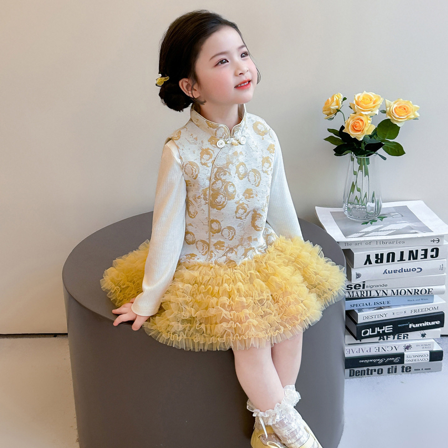 韩版女童春款复古旗袍玫瑰蛋糕裙套装2026年新款洋气公主裙童装潮