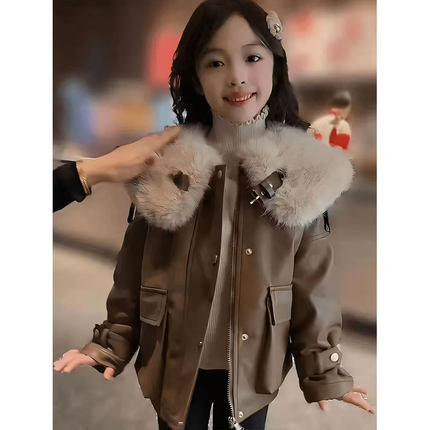 儿童皮衣秋冬装新款中大童女孩加绒加厚皮夹克毛领上衣洋气冬季