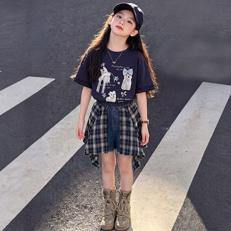 女童夏装套装2026新款洋气儿童时髦牛仔半身裙三件套女孩夏款衣服