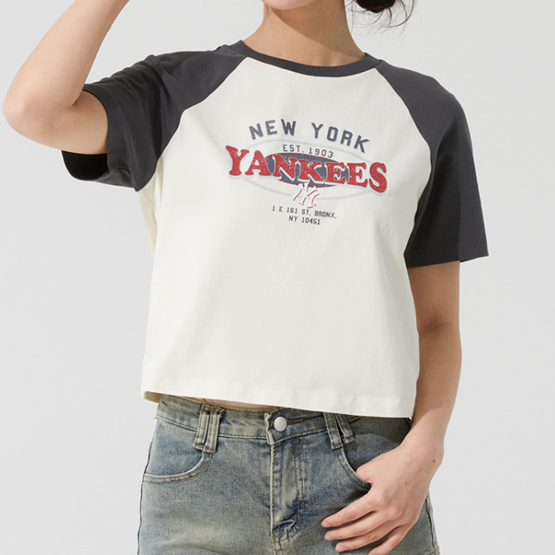 MLB女款25新款学院风撞色拼接短袖时尚短款T恤运动上衣3FTSV0853