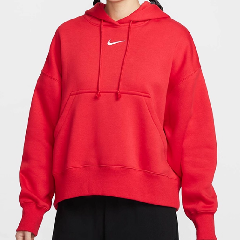 Nike/耐克红色卫衣女新款薄绒保暖宽松运动连帽套头衫DQ5859-657