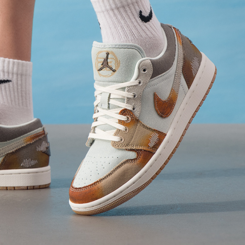NIKE耐克男士鞋AJ1牛仔布拼接黄蓝做旧板鞋复古篮球鞋IM6664-991