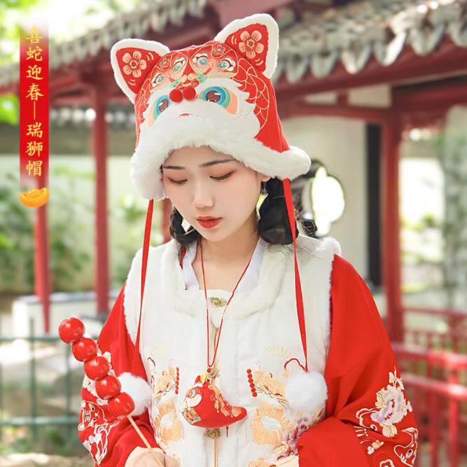 秋冬季蛇年虎头帽子儿童醒狮帽新年喜庆保暖男女童亲子围巾护耳帽