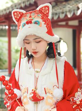 秋冬季蛇年虎头帽子儿童醒狮帽新年喜庆保暖男女童亲子围巾护耳帽