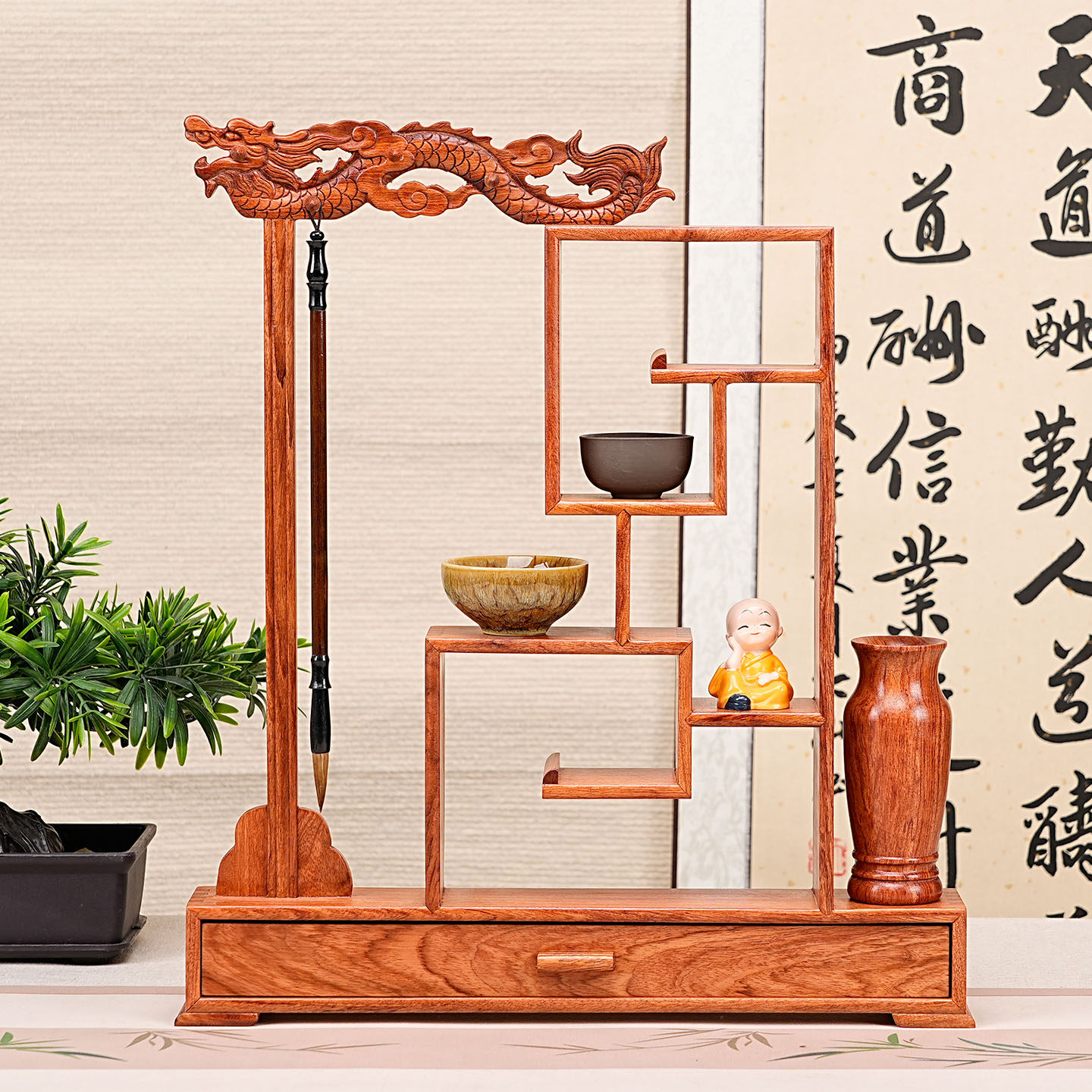 酸枝木鸡翅木红木实木官帽毛笔架笔搁龙头毛笔挂文房四宝书法用品