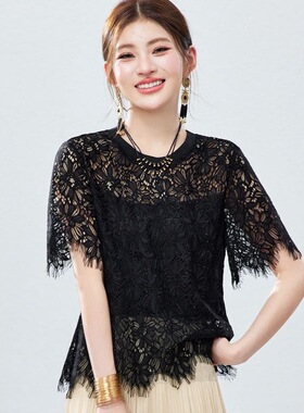 2026夏季新款黑色蕾丝短袖上衣女镂空显瘦洋气小衫2397