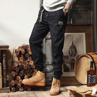 松紧腰灯芯绒裤子男春秋潮牌宽松直筒运动潮束脚卫裤休闲工装长裤