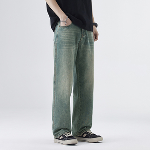 时尚土耳其蓝复古牛仔裤男百搭宽松直筒水洗立体休闲潮流男生裤子