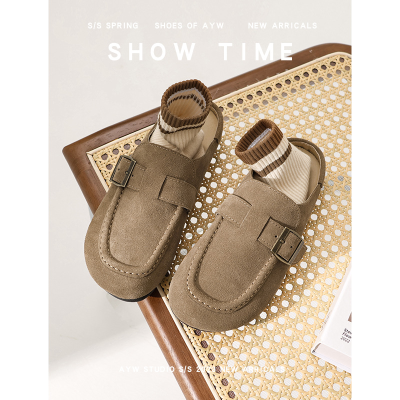 半拖博肯鞋女真皮包头复古鞋2023年春季新款平底软底一脚蹬