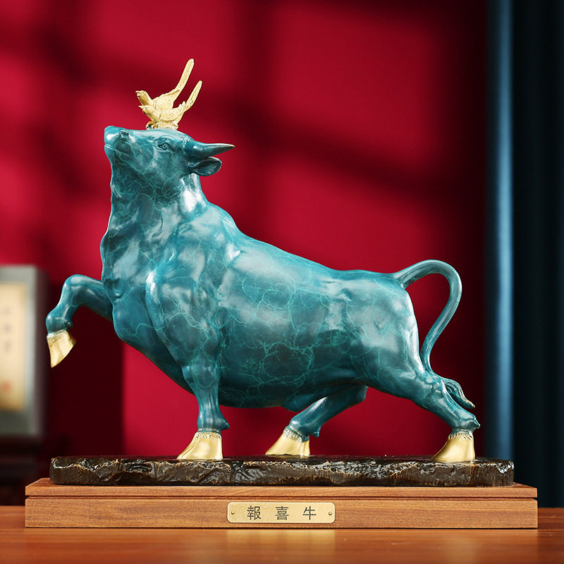 彩铜报喜牛摆件家居喜鹊装饰品客厅办公室铜牛开业礼品摆件