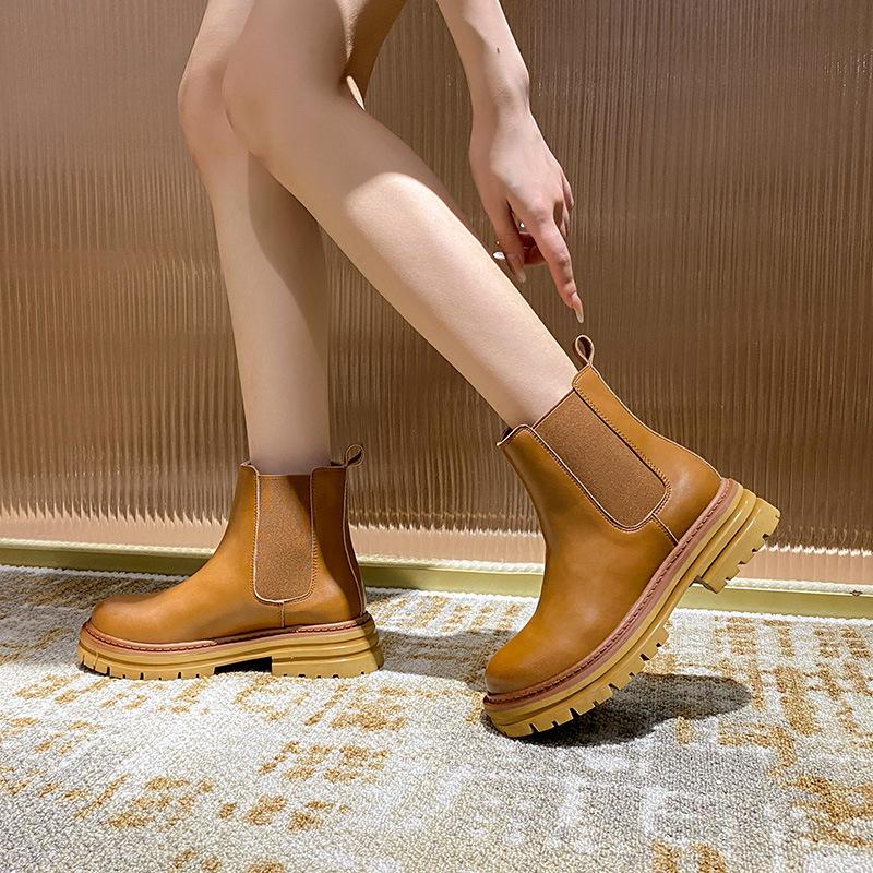 女鞋真皮厚底切尔西靴短靴女黑色矮靴烟筒靴粗跟短靴马丁靴女