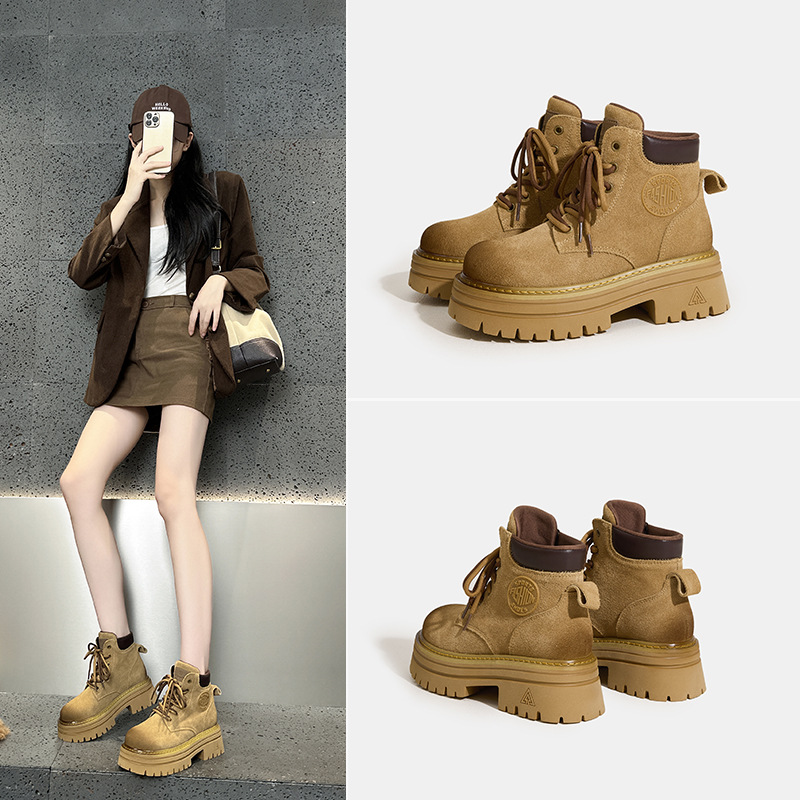 牛反绒马丁靴女秋季新款户外徒步登山大黄靴真皮工装靴子女现货