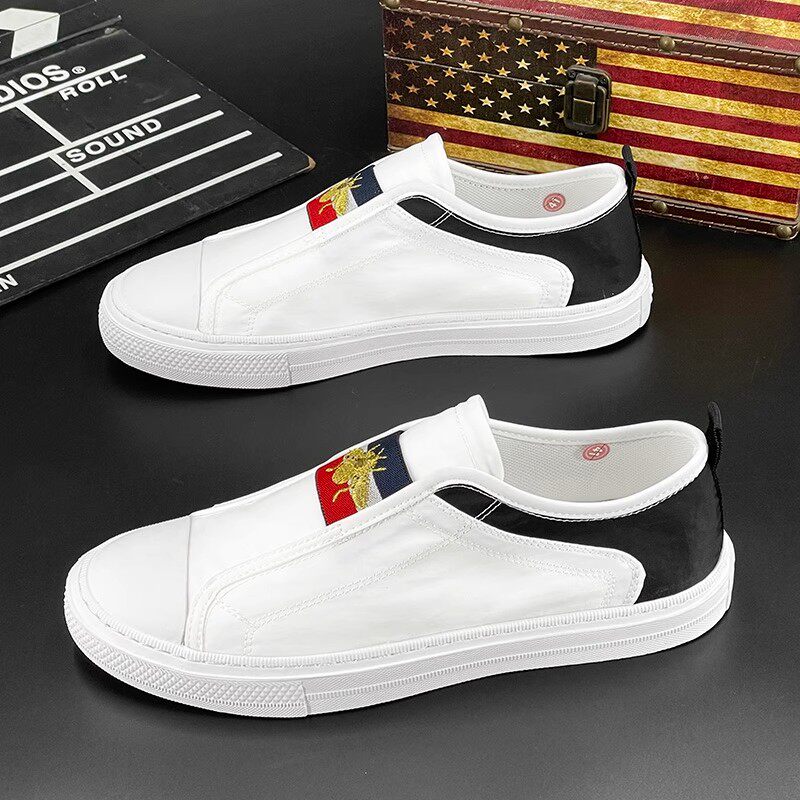 欧洲站一脚蹬男鞋2025年新款夏季百搭休闲透气软皮面小白鞋小蜜蜂
