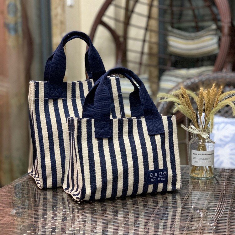 新款条纹帆布包简约手提大容量帆布袋斜挎单肩女包环保零食便当包