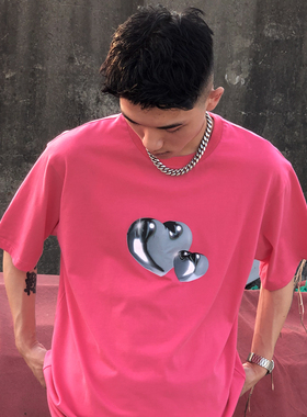 THRILLSCREW金属质感印花“铁了心”3D爱心短袖宽松圆领情侣T恤夏