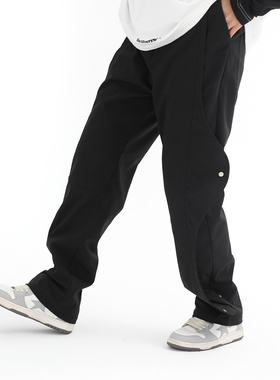 THRILLSCREW 波浪剪裁金属牌休闲微喇工装裤男女黑色宽松直筒长裤