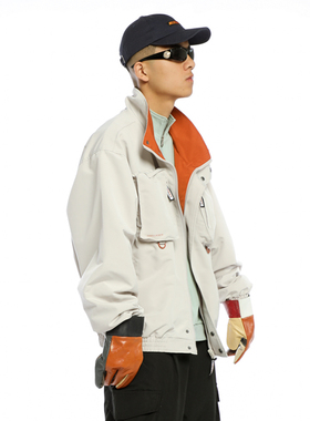 ThrillsCrew卡其拼色复古廓形工具口袋防风冲锋男翻领夹克外套男