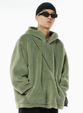 ThrillsCrew藻绿色套头保暖加厚拉链连帽宽松羊羔绒卫衣国潮秋冬