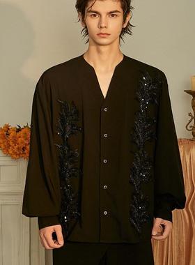 ADD STUDIO 24 A/W高级感法式手工钉珠亮片V领黑色长袖衬衫