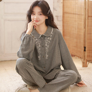 ME JU睡衣女秋冬款纯棉磨毛绒布素简高级灰100棉软糯亲肤家居服