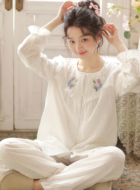 睡衣女春秋纯棉纱布法式浪漫白色刺绣全棉甜美长袖透气家居服套装