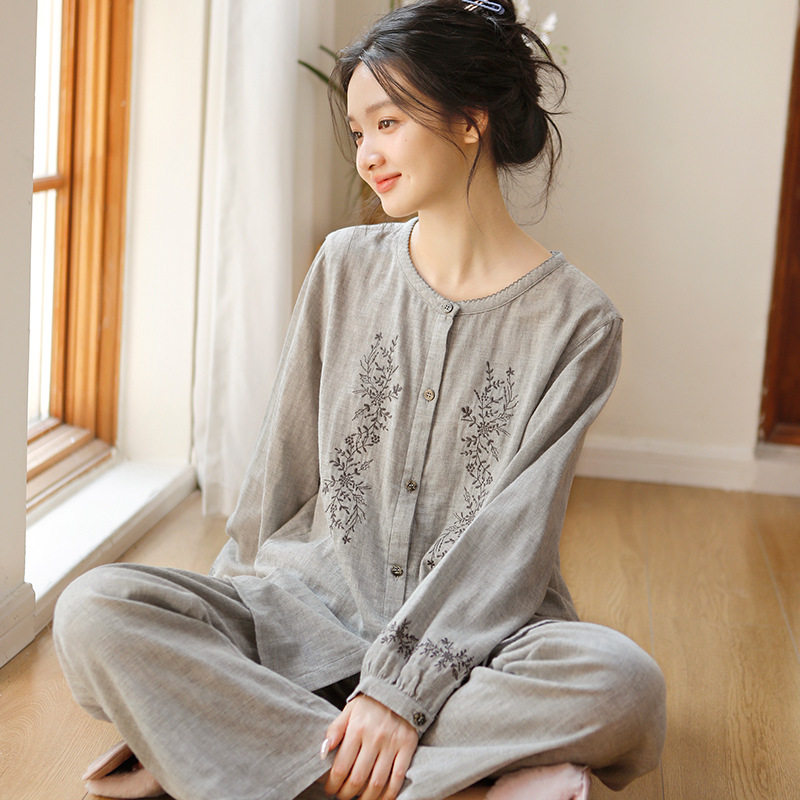 睡衣女春秋纯棉双层纱布薄款
