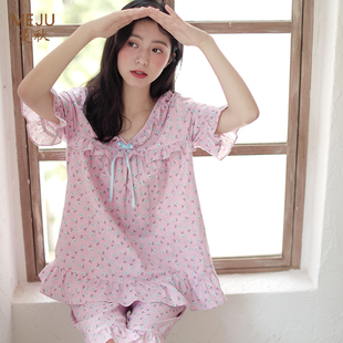 睡衣女夏季 中裤 特价 纯棉双层纱布碎花甜美短袖 薄款 可爱家居服套装