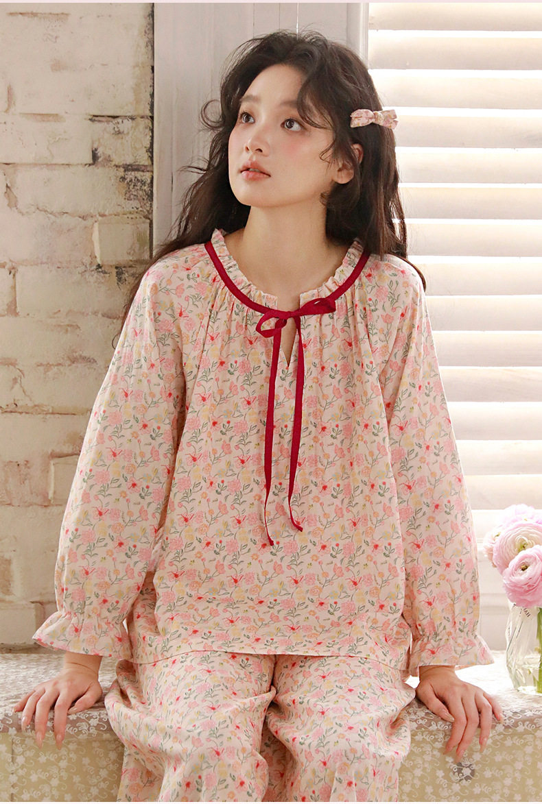 春夏睡衣女纯棉纱布甜美碎花圆领韩版宽松9分袖长裤可外穿家居服