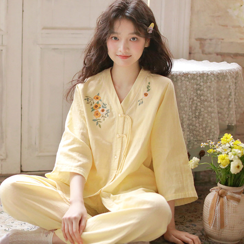 2025新款睡衣女士春秋纯棉双层纱布国风刺绣V领开衫棉家居服套装