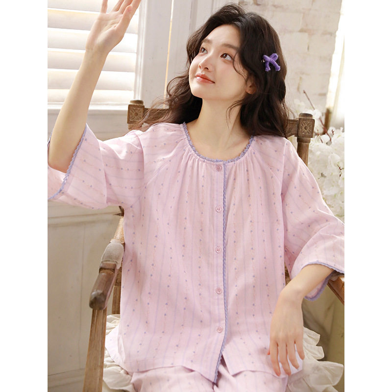 春夏睡衣女七分袖纯棉纱布家居服