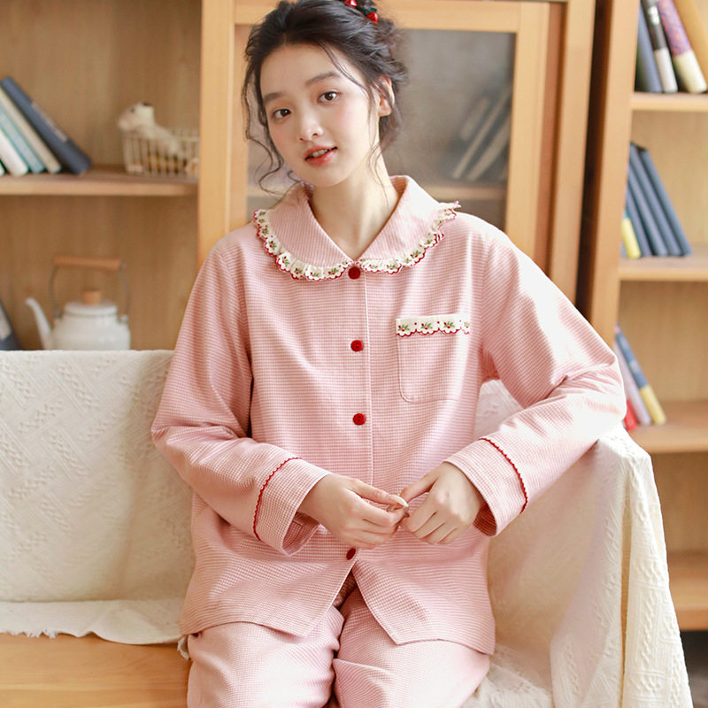 睡衣女秋冬纯棉磨毛千鸟格甜美花边宽松高级感绣花女士长袖套装,女士内衣/男士内衣/家居服,睡衣/家居服套装,淘宝优惠券,粉丝福利购,淘宝优惠卷