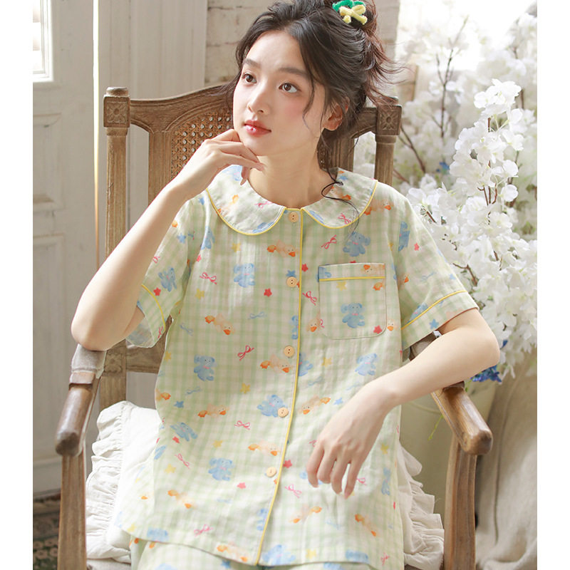 春季新品睡衣女士甜美娃娃领少女卡通棉纱短袖短裤夏季家居服套装