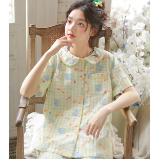 春季新品睡衣女士甜美娃娃领少女卡通棉纱短袖短裤夏季家居服套装