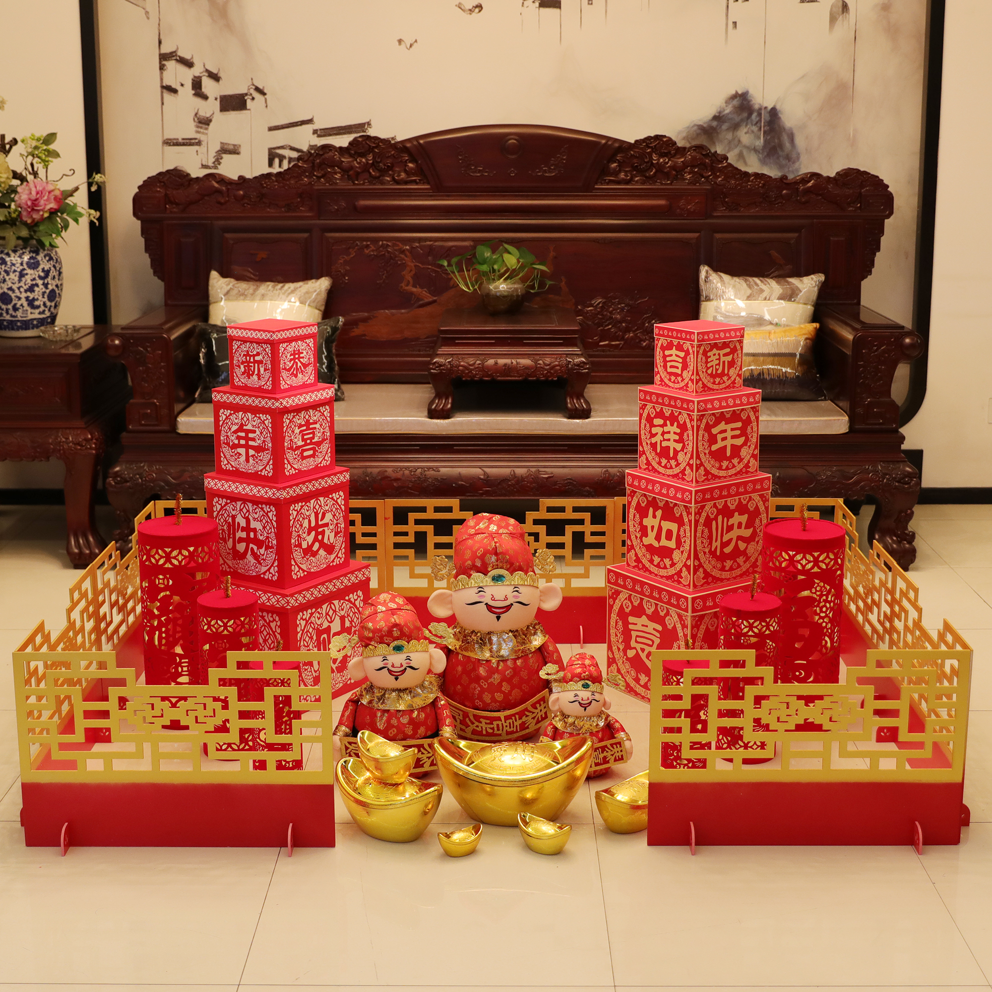 马年装饰围栏摆件新年春节场景布置酒店商场堆头橱窗套餐落地礼盒