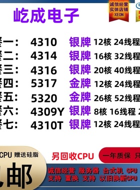 intel至强 4310 4314 4316 5317 5320 4309Y 4310T CPU