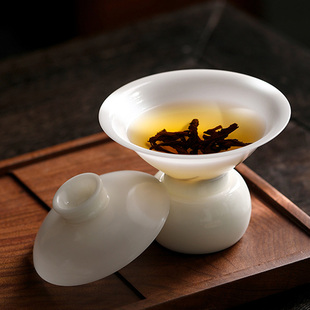 纯手工0.6mm薄胎斗笠盖碗陈鹏程德化白瓷陶瓷茶碗实心底托茶具