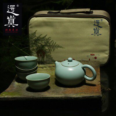 便携式手抓壶禅定杯茶具还真汝窑可养开片一壶四杯功夫汝瓷旅行包