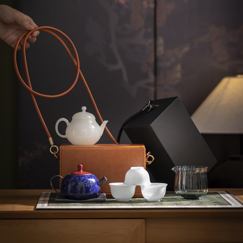 璞玉冰种便携旅行茶具一壶三杯套装陶瓷茶壶茶杯玻璃公道套收纳包