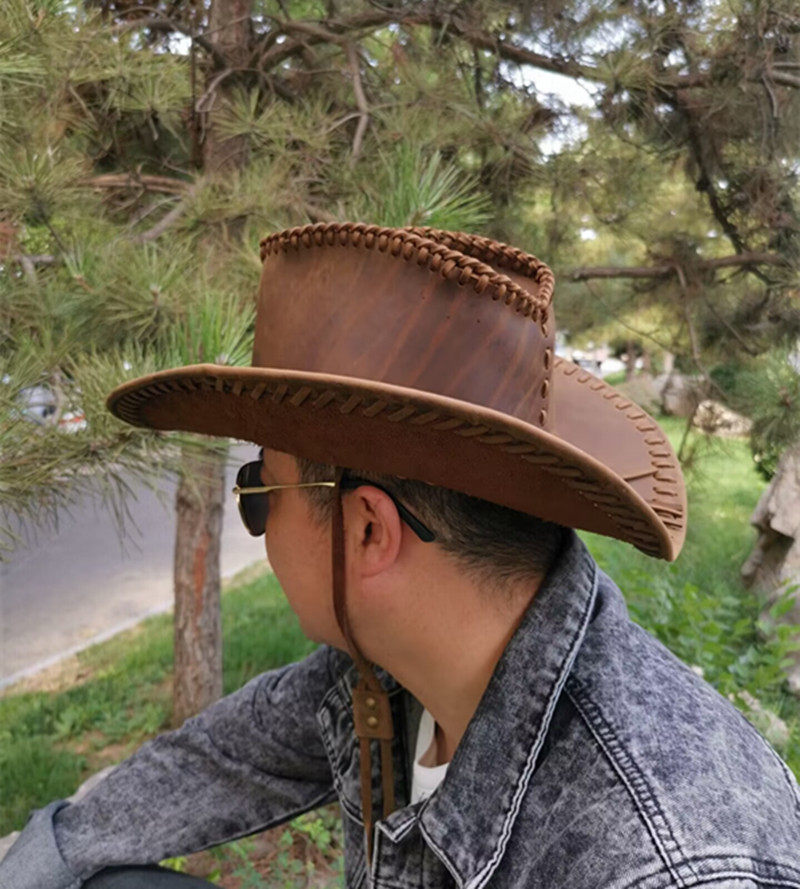 真皮手工自制牛仔帽  大帽檐 西部骑士复古风 休闲旅游