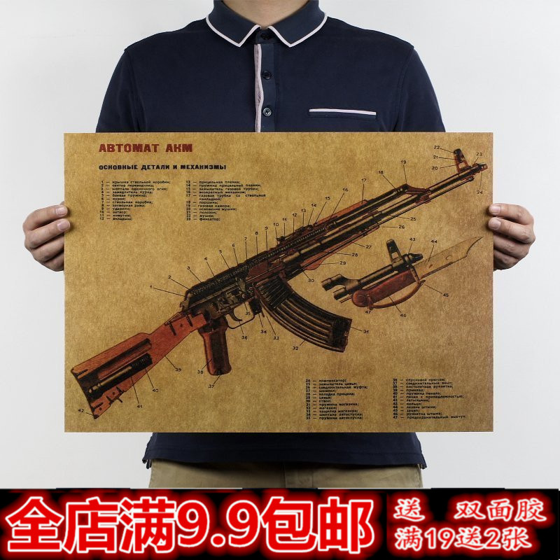 ak47改进型结构图纸设计图 复古怀旧牛皮纸海报宿舍酒吧ktv装饰画