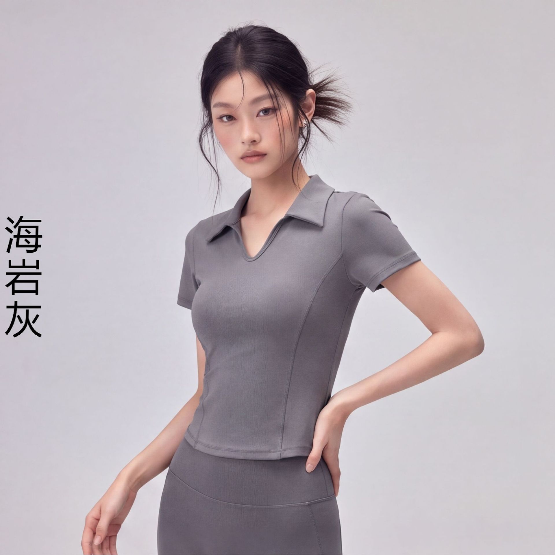 小V领翻领瑜伽短袖T恤女式鱼骨分割线收腰短款休闲健身普拉提上衣