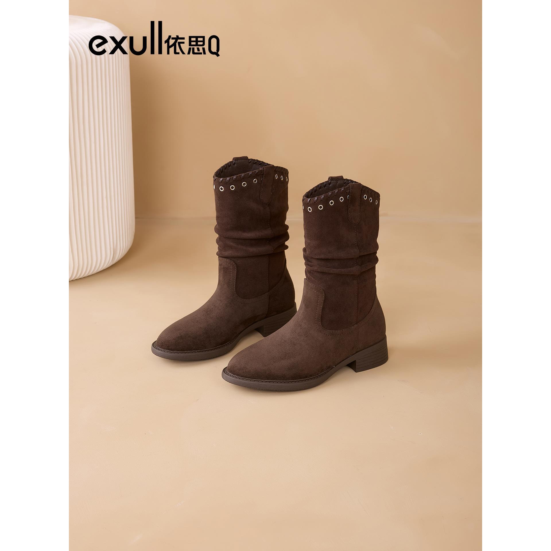 依思q复古西部牛仔靴女2025秋冬新款尖头粗跟短靴软底中筒骑士靴