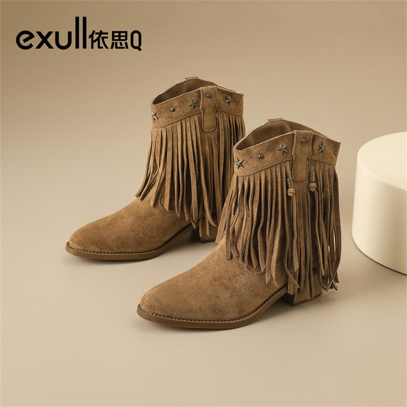 依思q流苏小短靴女款棕色厚底