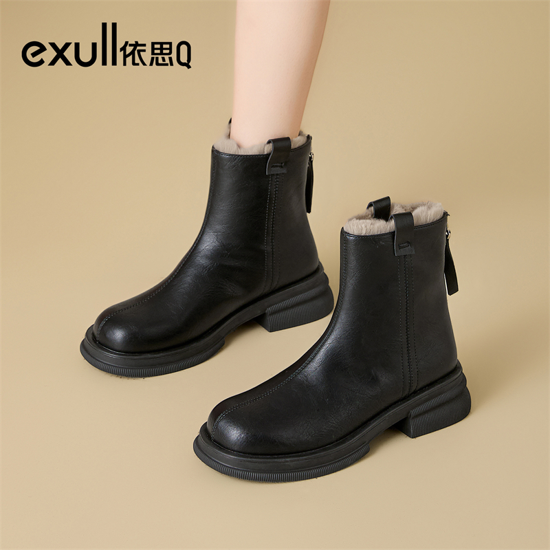 依思q黑色加绒马丁靴女