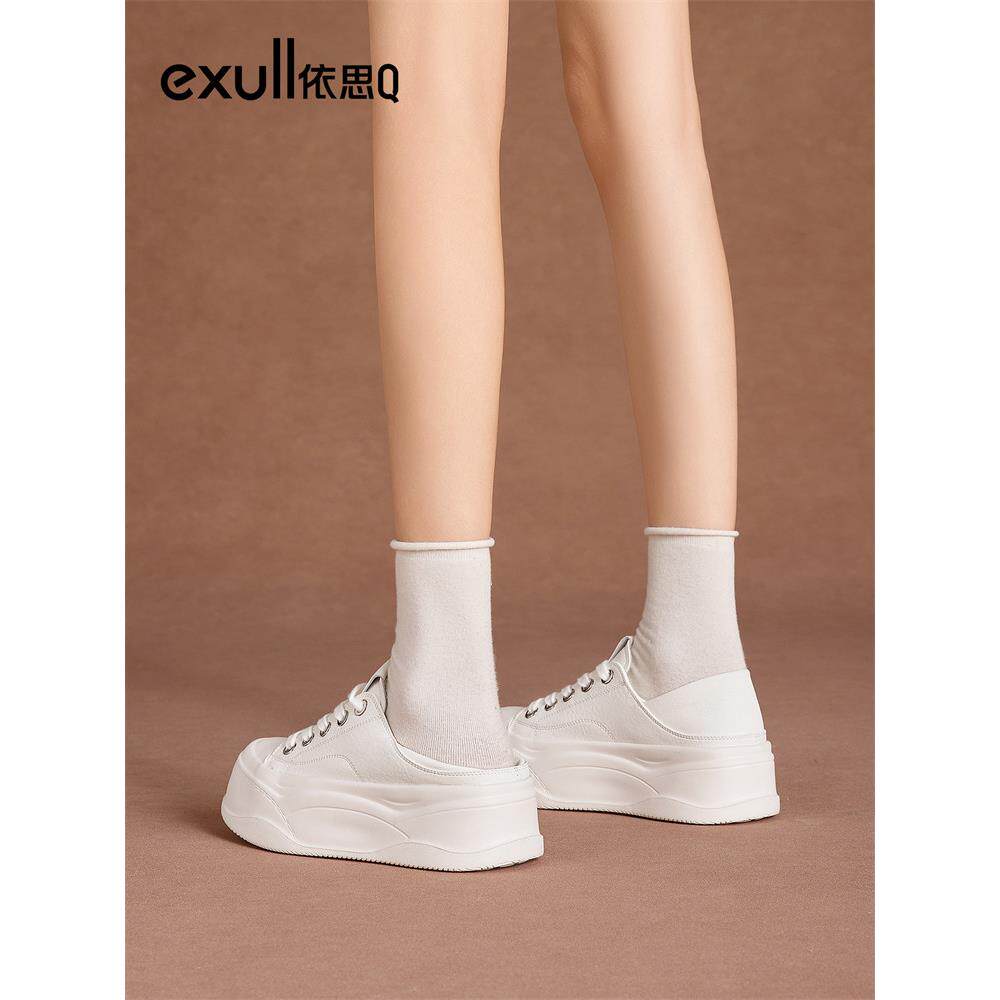 依思q厚底增高小白鞋女款2026新款春秋爆款一脚蹬懒人休闲帆布鞋